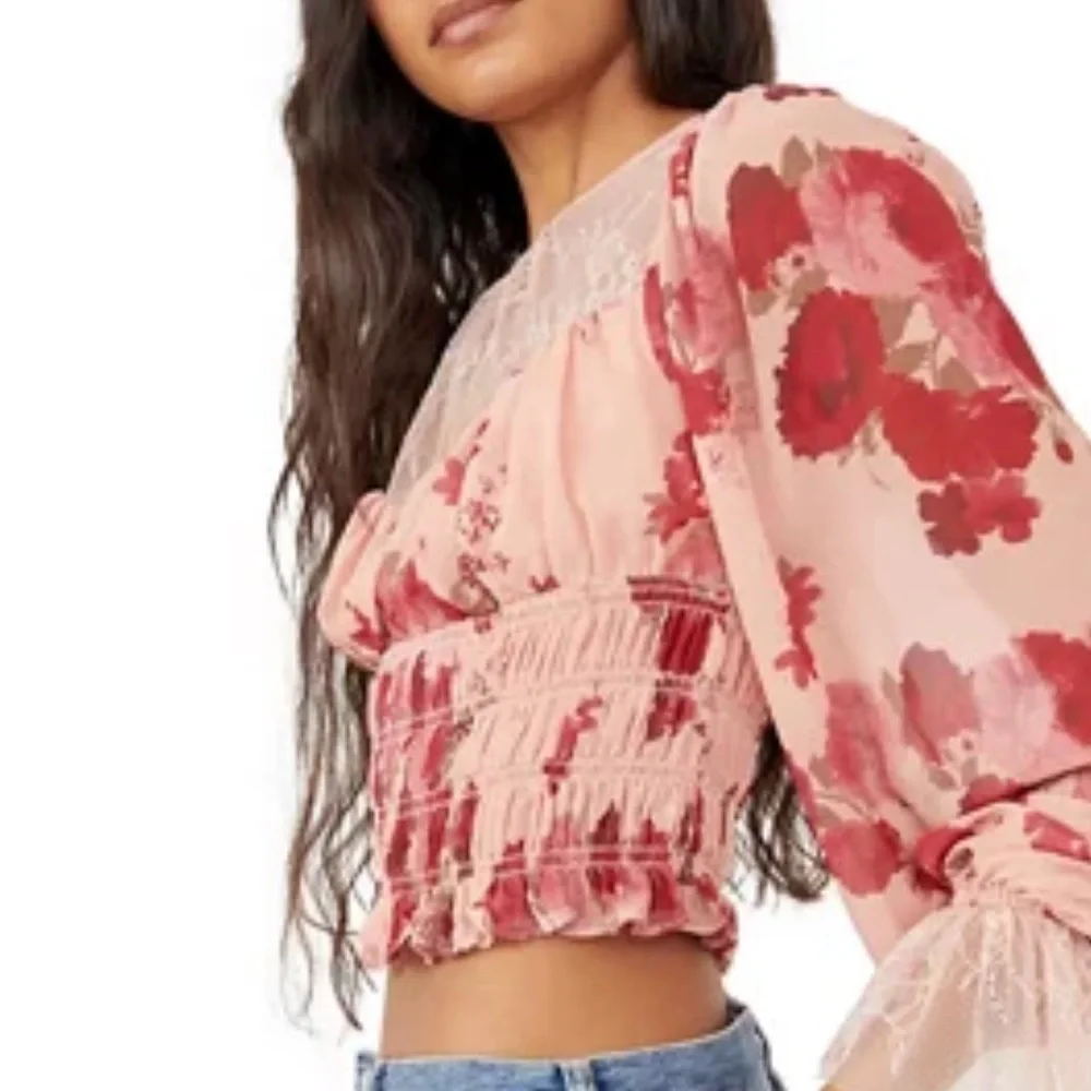 NWT Free People Daphne Floral lace long sleeve blouse feminine croquette boho